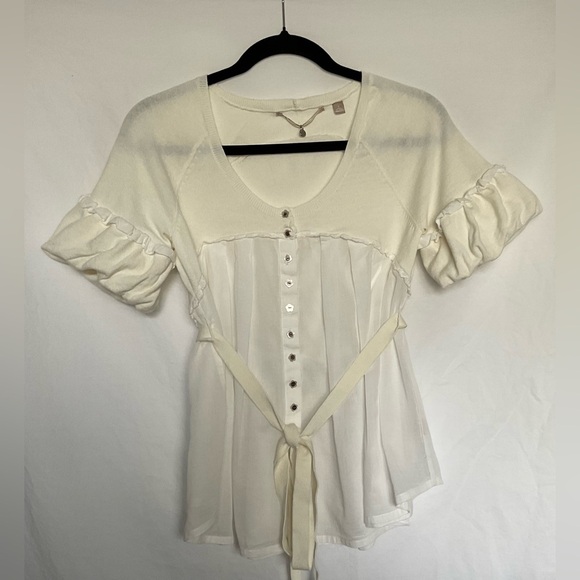knitted & knotted Tops - Cream Puff Sleeve Blouse with Ruched Tie Front